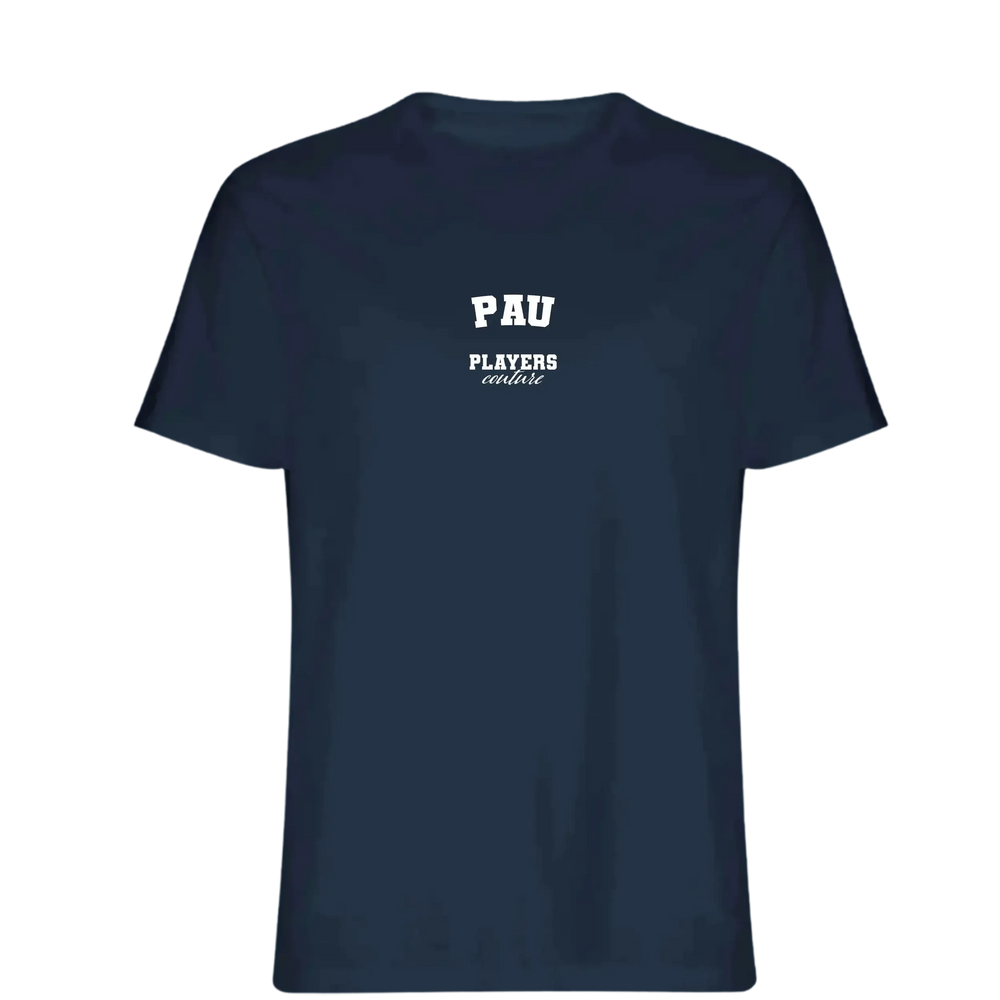 Pau t-shirt – navy men's t-shirt with white Pau letters and Players Couture logo on the chest