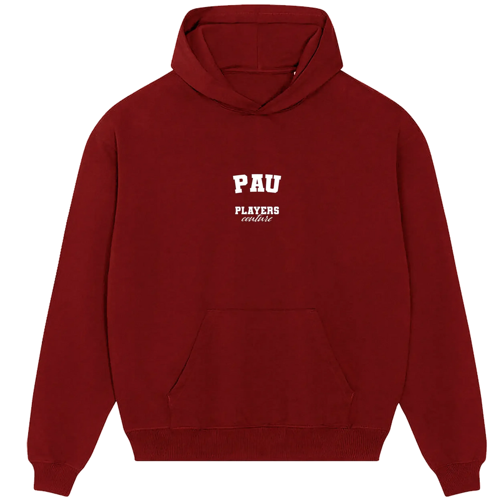 Pau hoodie – red men's hoodie with white Pau letters and Players Couture logo on the chest