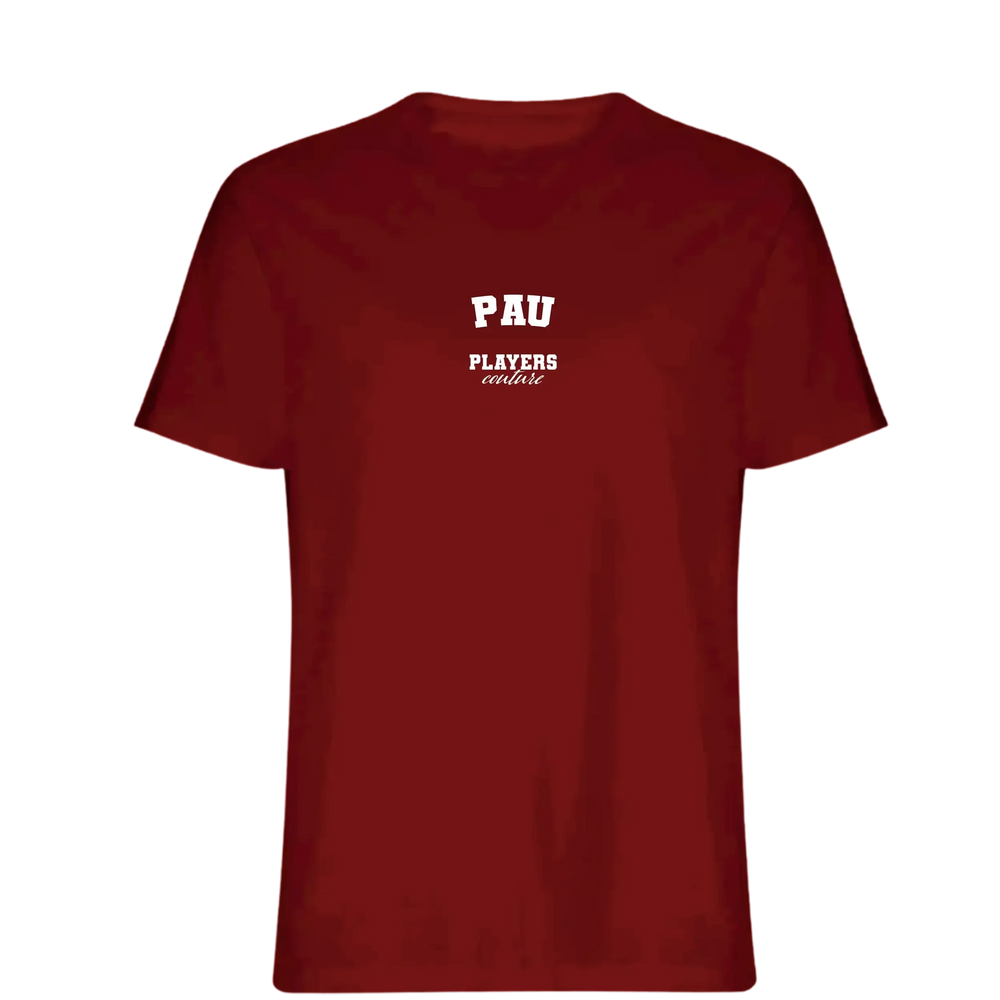 Pau t-shirt – red men's t-shirt with white Pau letters and Players Couture logo on the chest