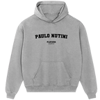Paulo Nutini hoodie – grey men's hoodie with black Paulo Nutini letters and Players Couture logo on the chest