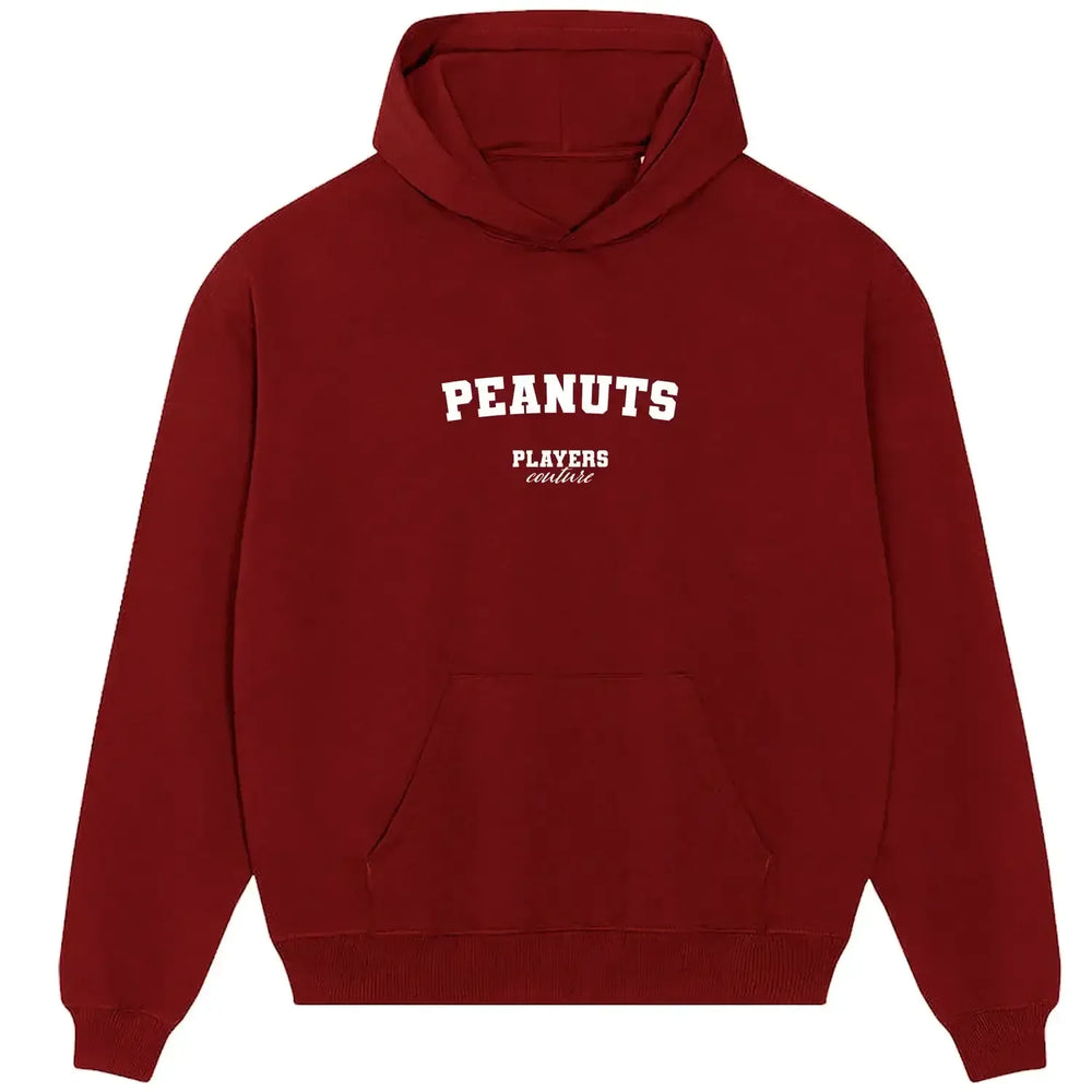 Peanuts hoodie – red men's hoodie with white Peanuts letters and Players Couture logo on the chest