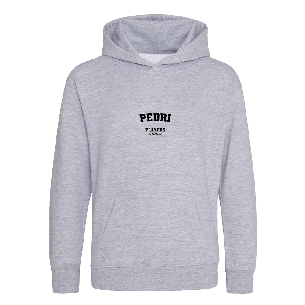 Pedri hoodie – grey kids' hoodie with black Pedri letters and Players Couture logo on the chest