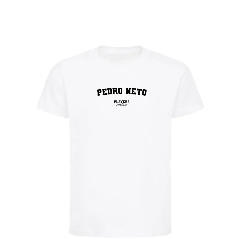 Pedro Neto t-shirt – white kids' t-shirt with black Pedro Neto letters and Players Couture logo on the chest