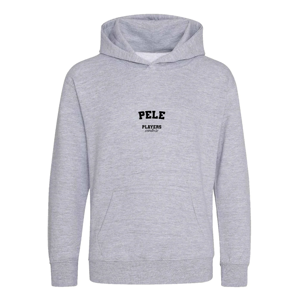 Pele hoodie – grey kids' hoodie with black Pele letters and Players Couture logo on the chest