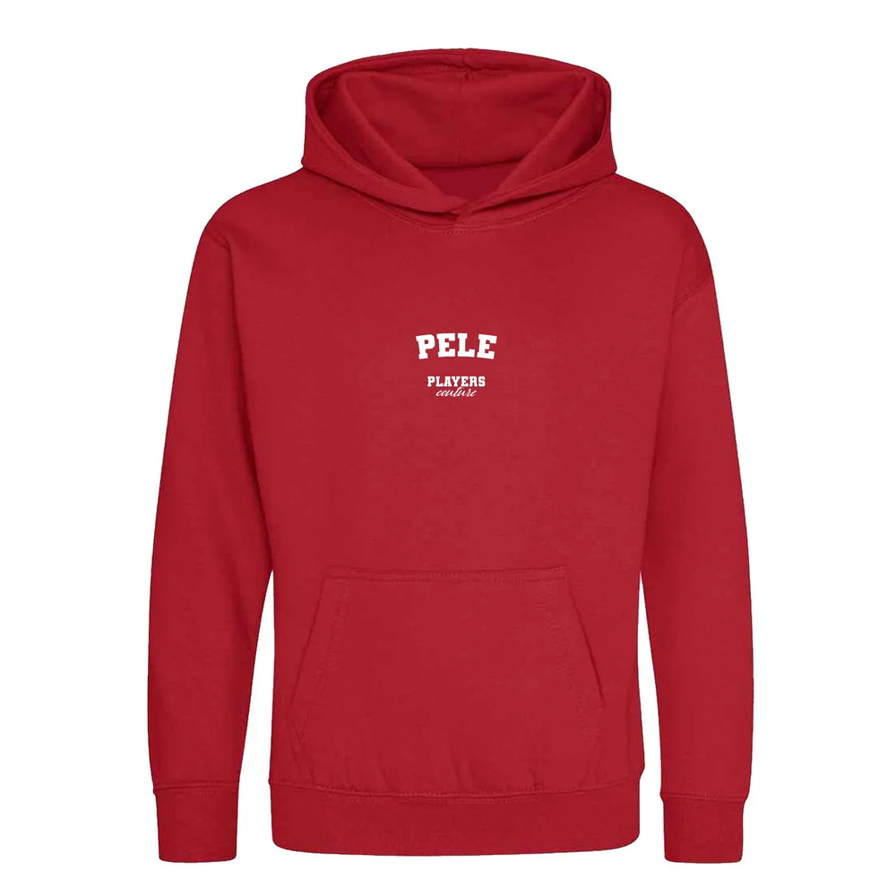 Pele hoodie – red kids' hoodie with white Pele letters and Players Couture logo on the chest