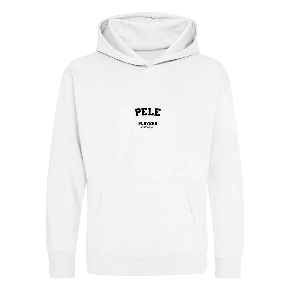 Pele hoodie – white kids' hoodie with black Pele letters and Players Couture logo on the chest