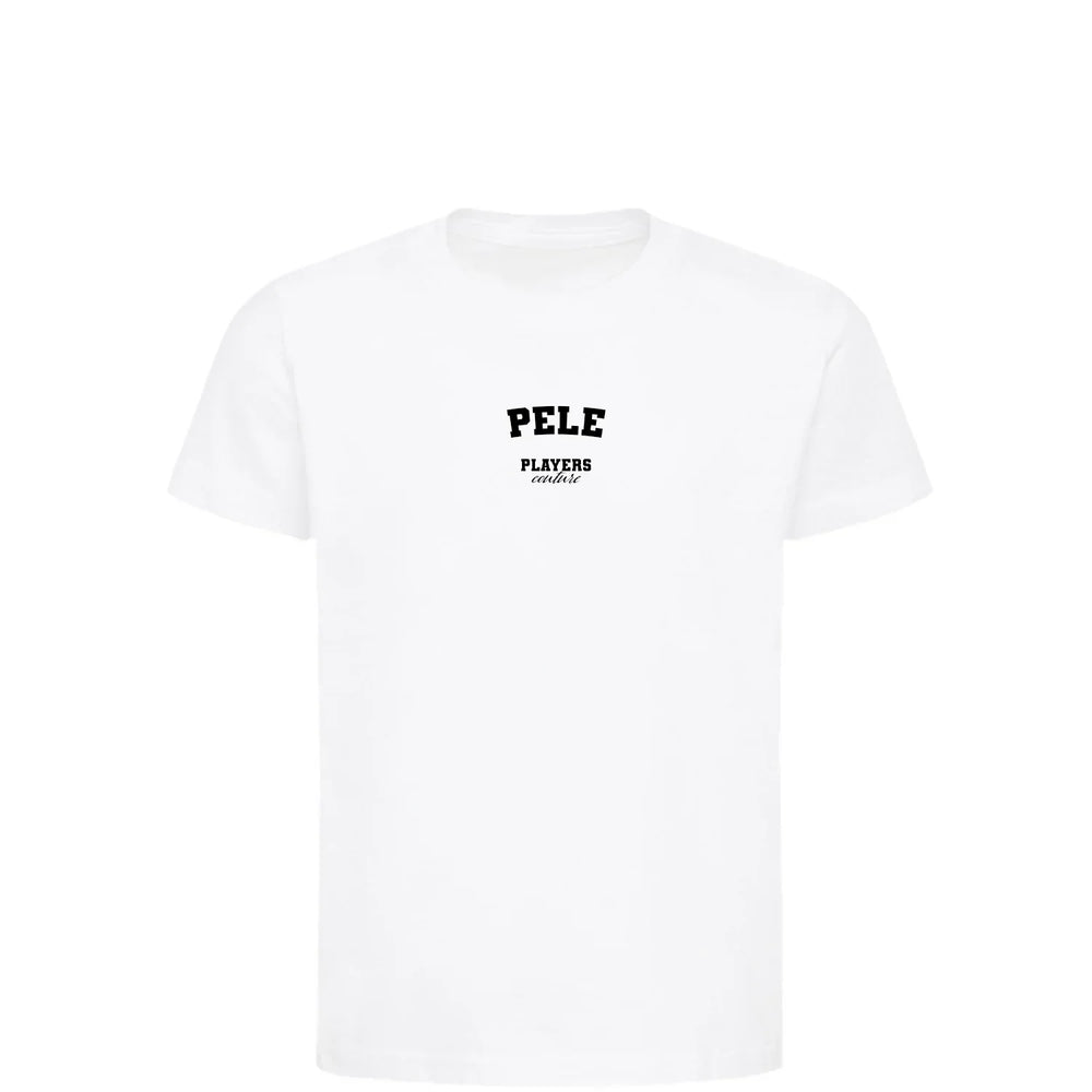 Pele t-shirt – white kids' t-shirt with black Pele letters and Players Couture logo on the chest
