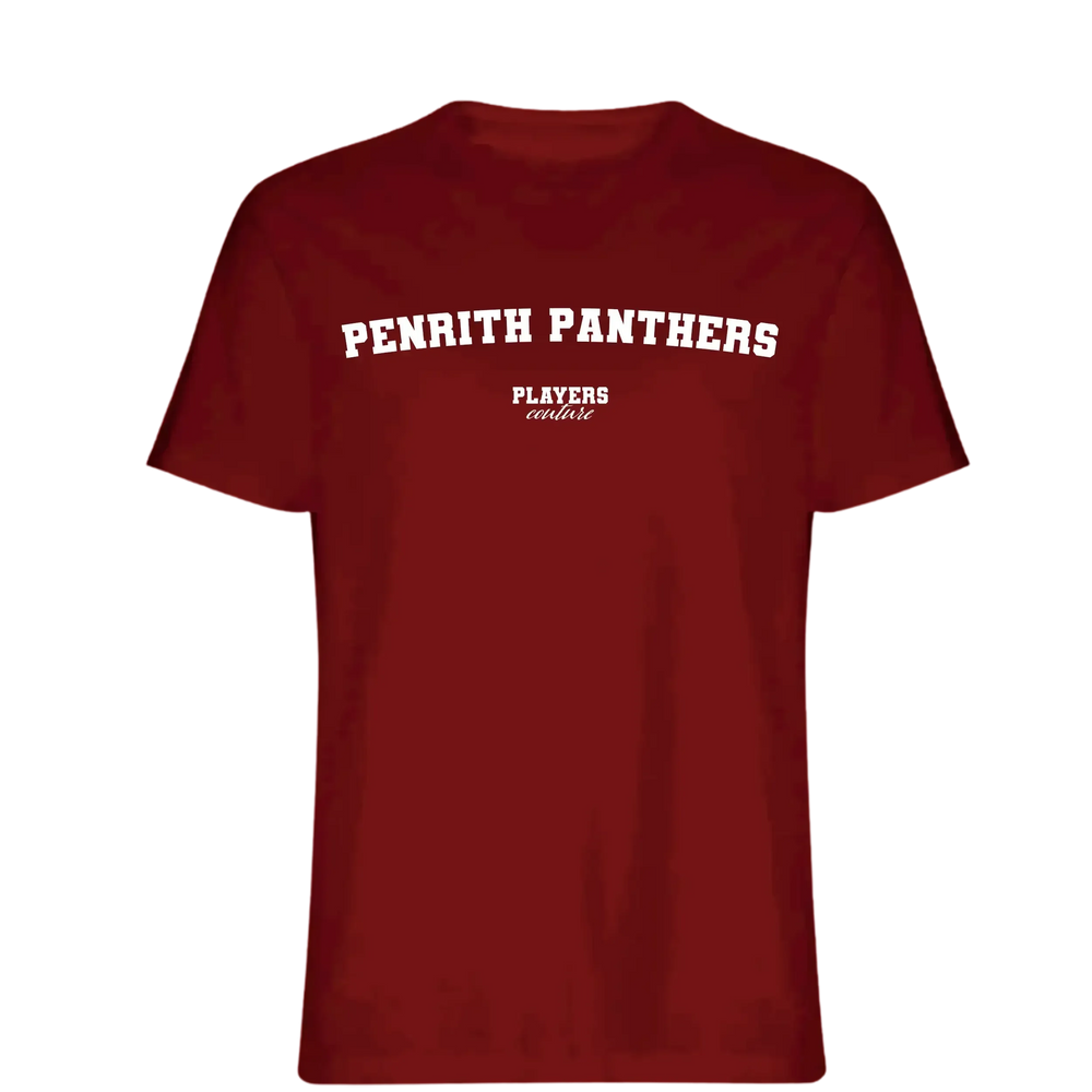 Penrith Panthers t-shirt – red men's t-shirt with white Penrith Panthers letters and Players Couture logo on the chest