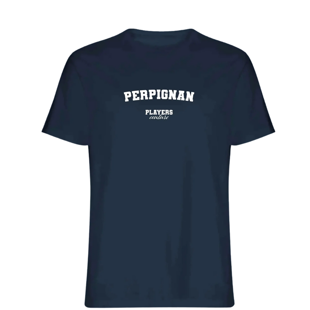 Perpignan t-shirt – navy men's t-shirt with white Perpignan letters and Players Couture logo on the chest