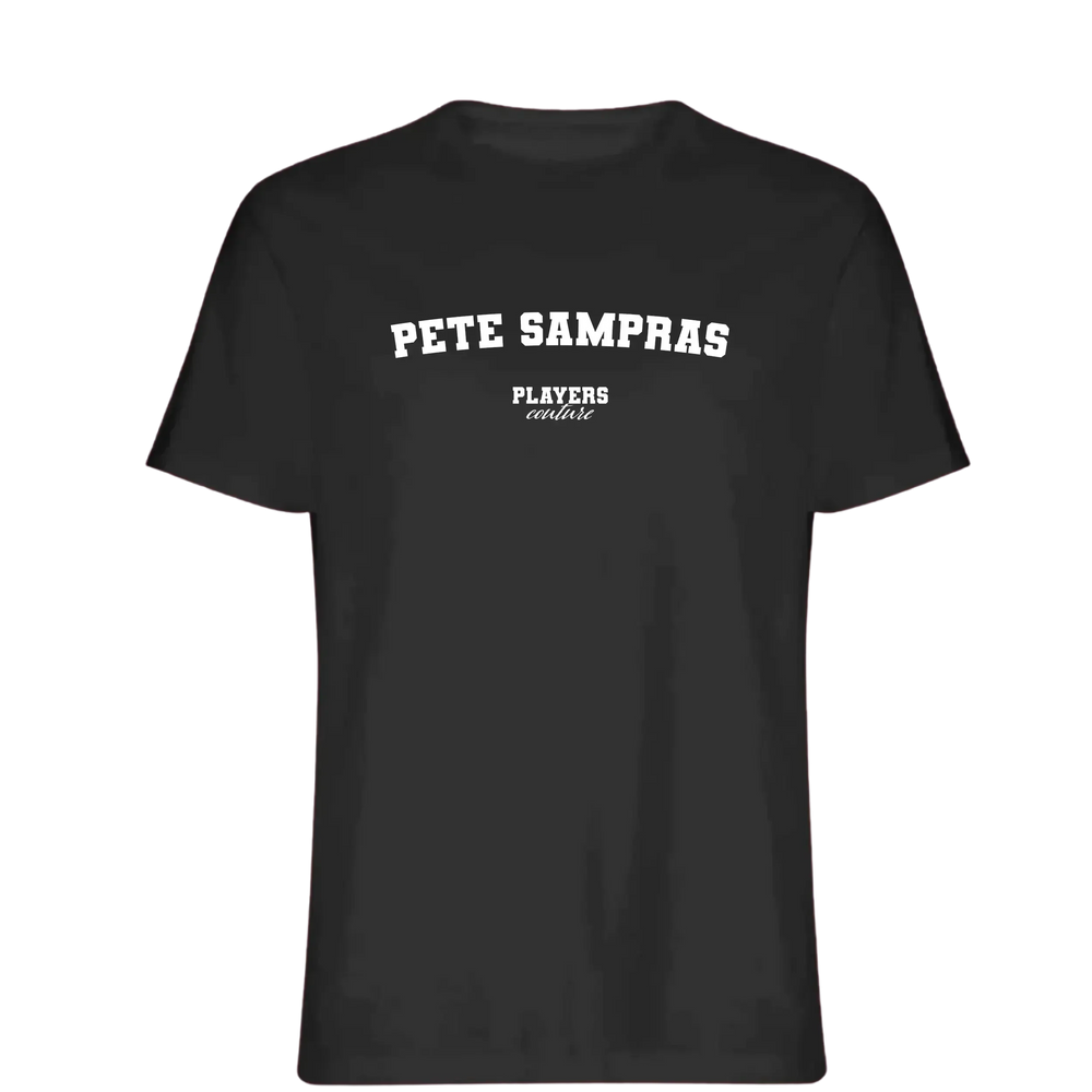 Pete Sampras t-shirt – black men's t-shirt with white Pete Sampras letters and Players Couture logo on the chest