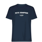 Pete Sampras t-shirt – navy men's t-shirt with white Pete Sampras letters and Players Couture logo on the chest