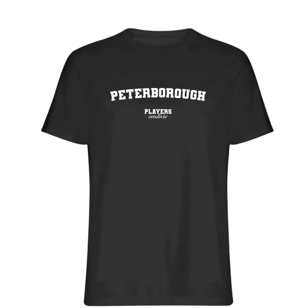 Peterborough t-shirt – black men's t-shirt with white Peterborough letters and Players Couture logo on the chest