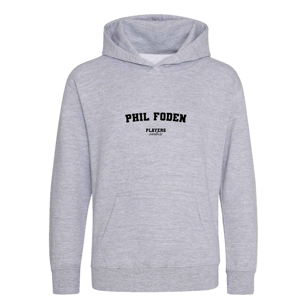 Phil Foden hoodie – grey kids' hoodie with black Phil Foden letters and Players Couture logo on the chest