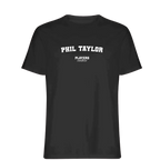 Phil Taylor t-shirt – black men's t-shirt with white Phil Taylor letters and Players Couture logo on the chest