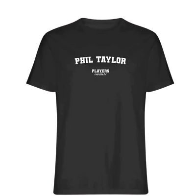 Phil Taylor t-shirt – black men's t-shirt with white Phil Taylor letters and Players Couture logo on the chest
