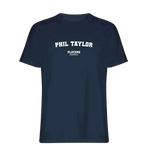 Phil Taylor t-shirt – navy men's t-shirt with white Phil Taylor letters and Players Couture logo on the chest
