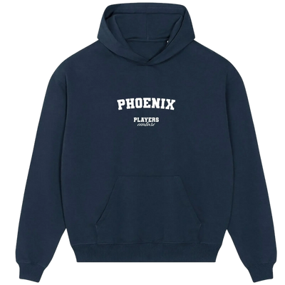 Phoenix hoodie – navy men's hoodie with white Phoenix letters and Players Couture logo on the chest
