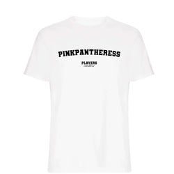 PinkPantheress t-shirt – white men's t-shirt with black PinkPantheress letters and Players Couture logo on the chest