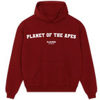 Planet Of The Apes hoodie – red men's hoodie with white Planet Of The Apes letters and Players Couture logo on the chest