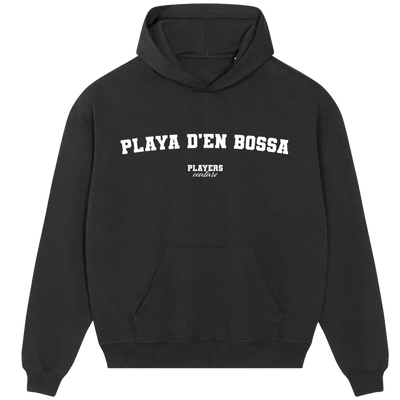 Playa d’en Bossa hoodie – black men's hoodie with white Playa d’en Bossa letters and Players Couture logo on the chest