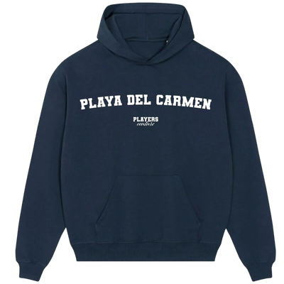 Playa del Carmen hoodie – navy men's hoodie with white Playa del Carmen letters and Players Couture logo on the chest