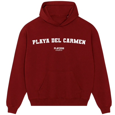 Playa del Carmen hoodie – red men's hoodie with white Playa del Carmen letters and Players Couture logo on the chest
