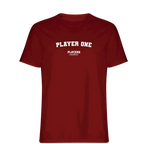 Player One t-shirt – red men's t-shirt with white Player One letters and Players Couture logo on the chest
