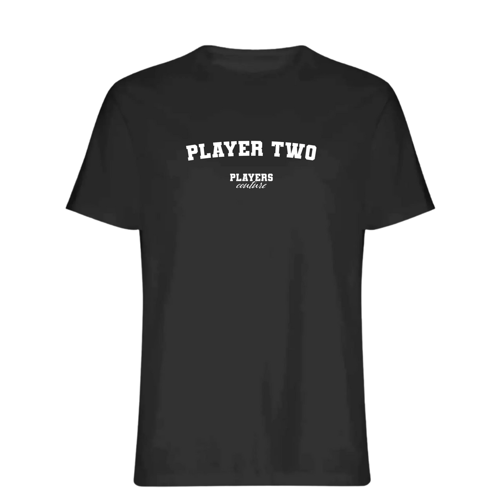 Player Two t-shirt – black men's t-shirt with white Player Two letters and Players Couture logo on the chest