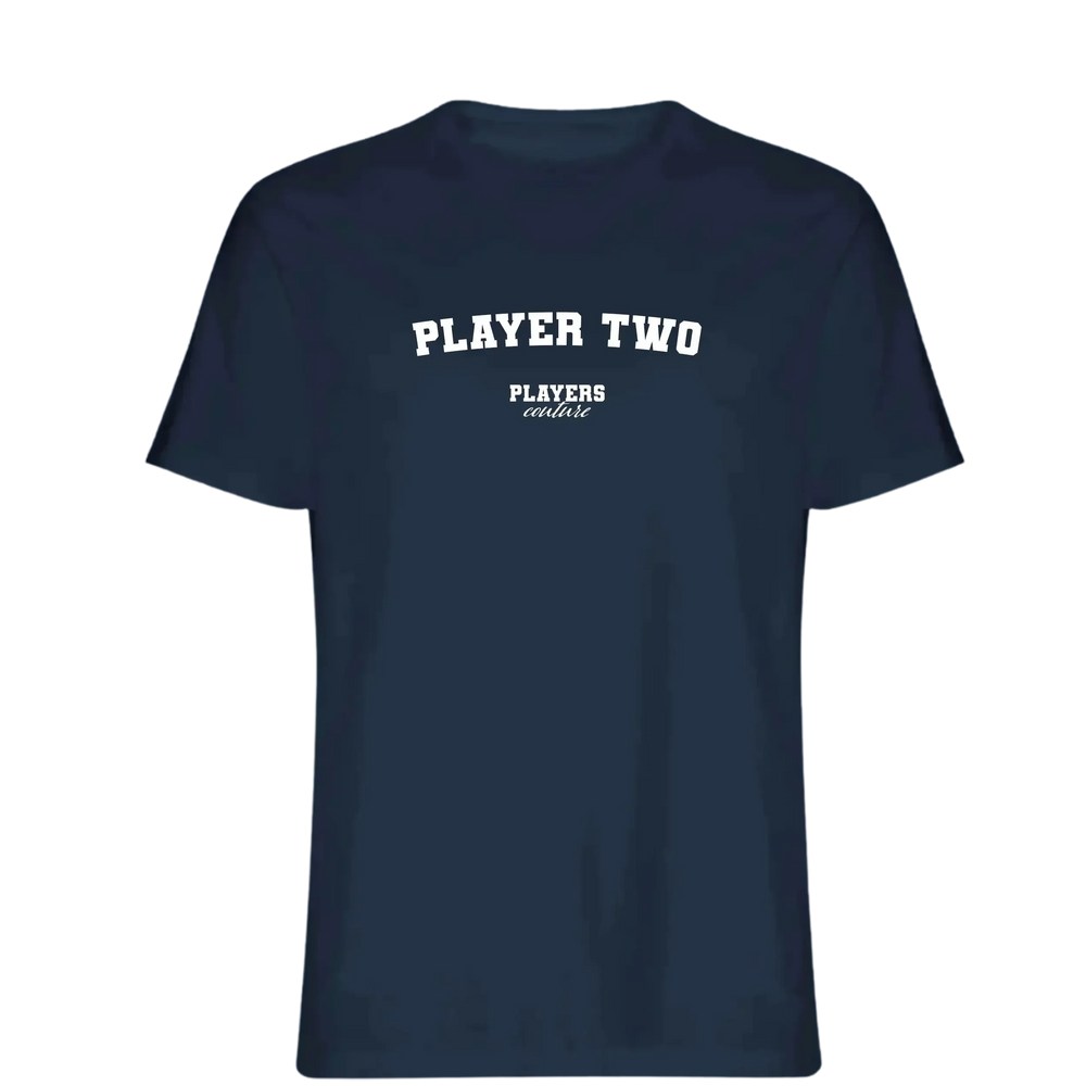 Player Two t-shirt – navy men's t-shirt with white Player Two letters and Players Couture logo on the chest