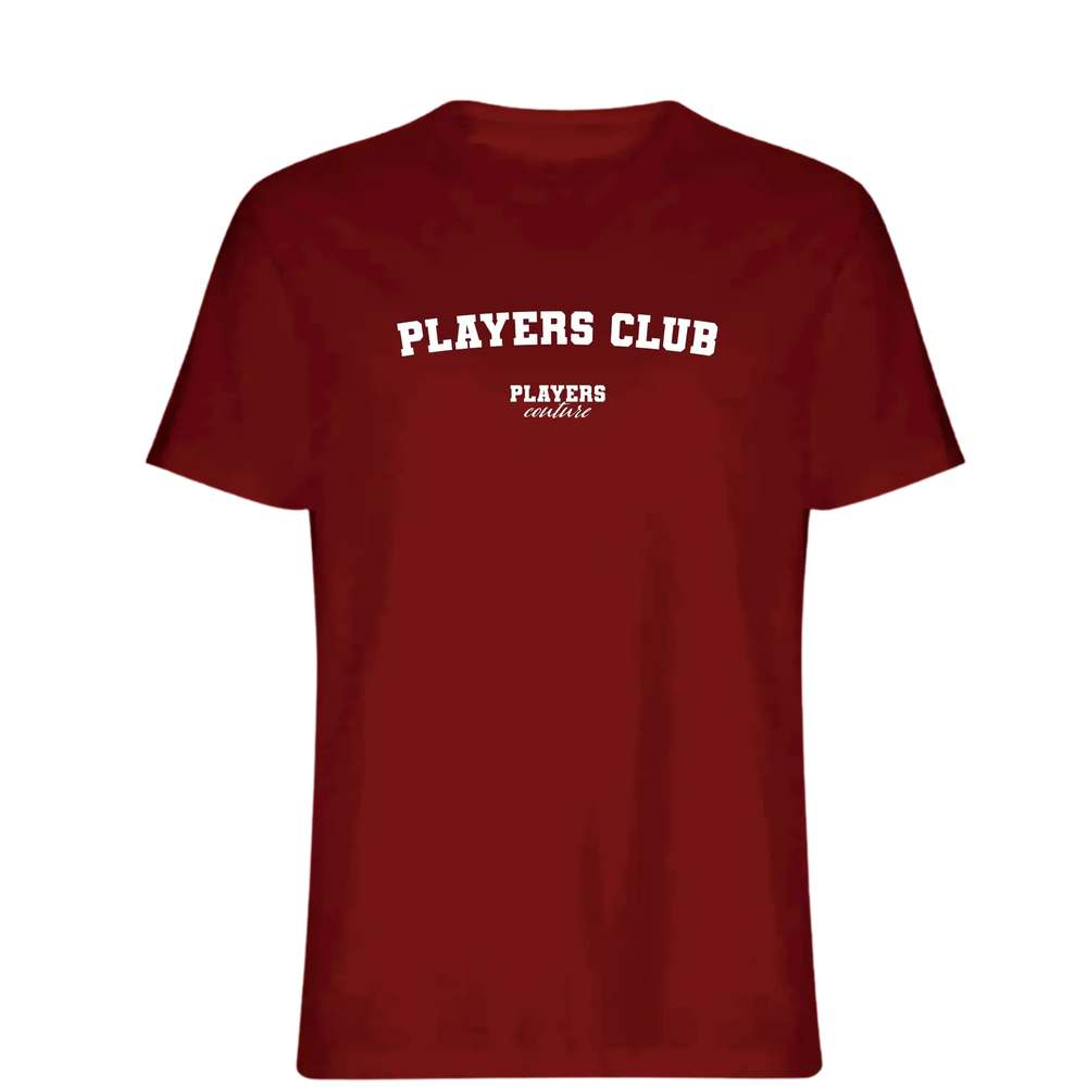Players Club t-shirt – red men's t-shirt with white Players Club letters and Players Couture logo on the chest