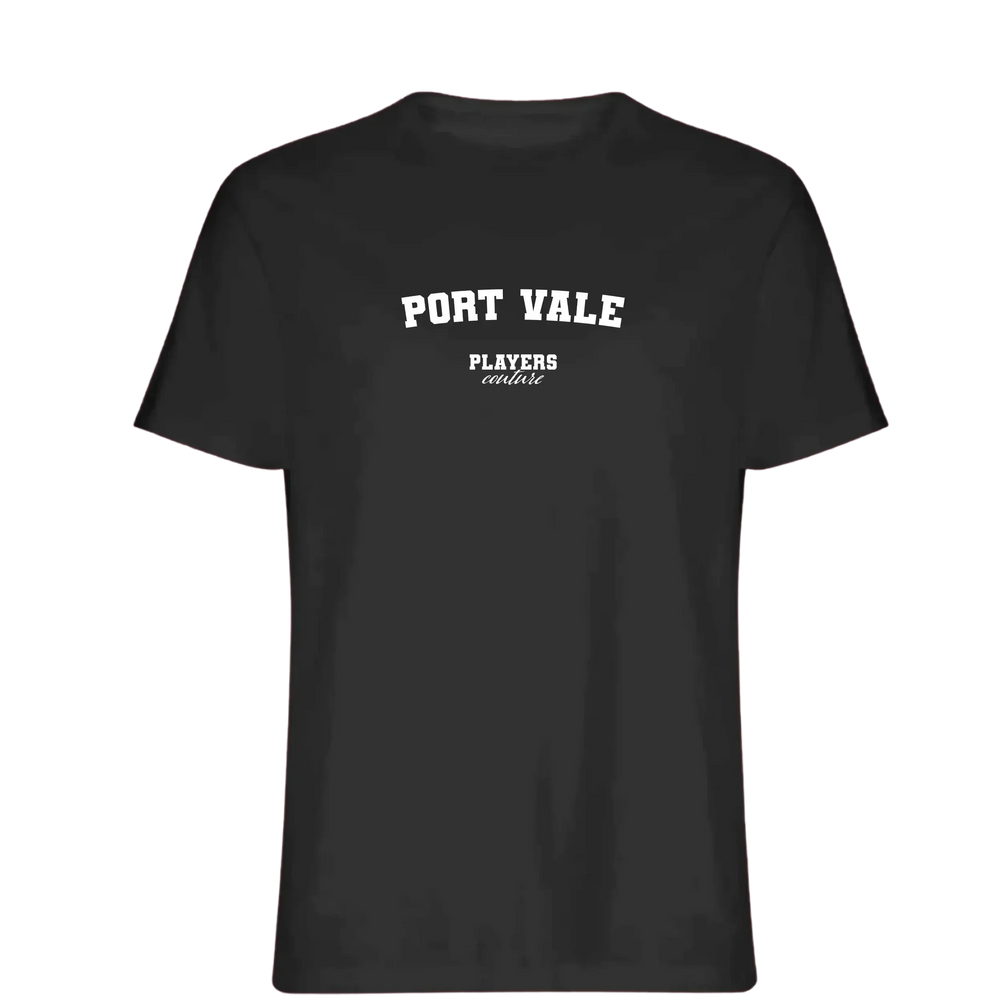 Port Vale t-shirt – black men's t-shirt with white Port Vale letters and Players Couture logo on the chest