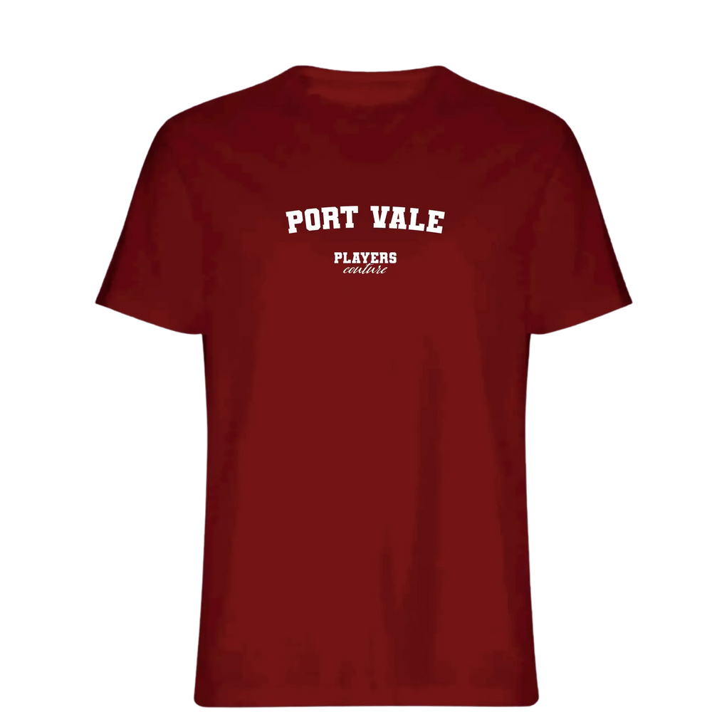 Port Vale t-shirt – red men's t-shirt with white Port Vale letters and Players Couture logo on the chest