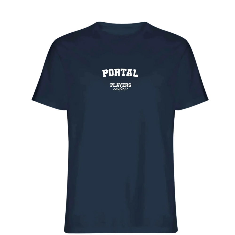 Portal t-shirt – navy men's t-shirt with white Portal letters and Players Couture logo on the chest