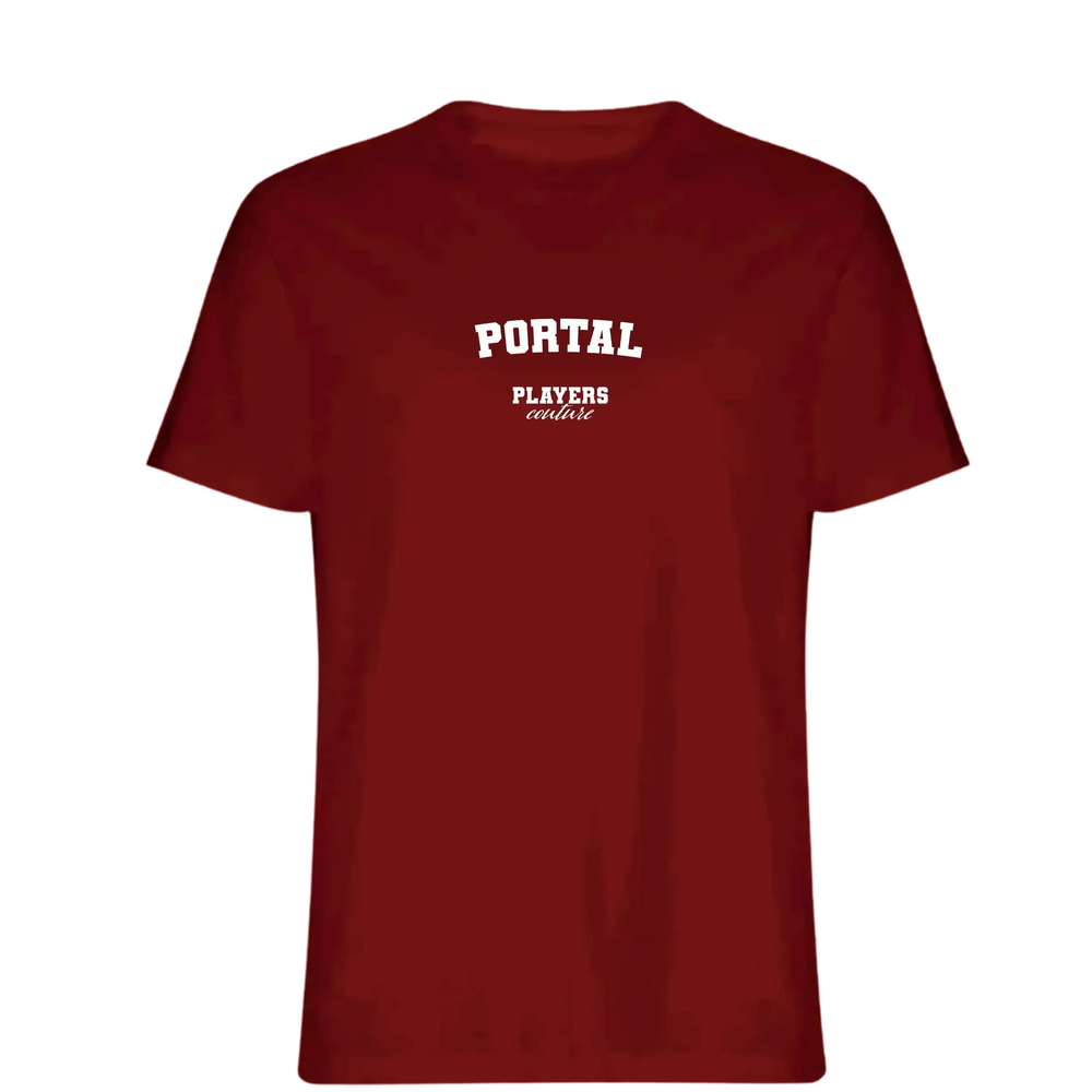 Portal t-shirt – red men's t-shirt with white Portal letters and Players Couture logo on the chest