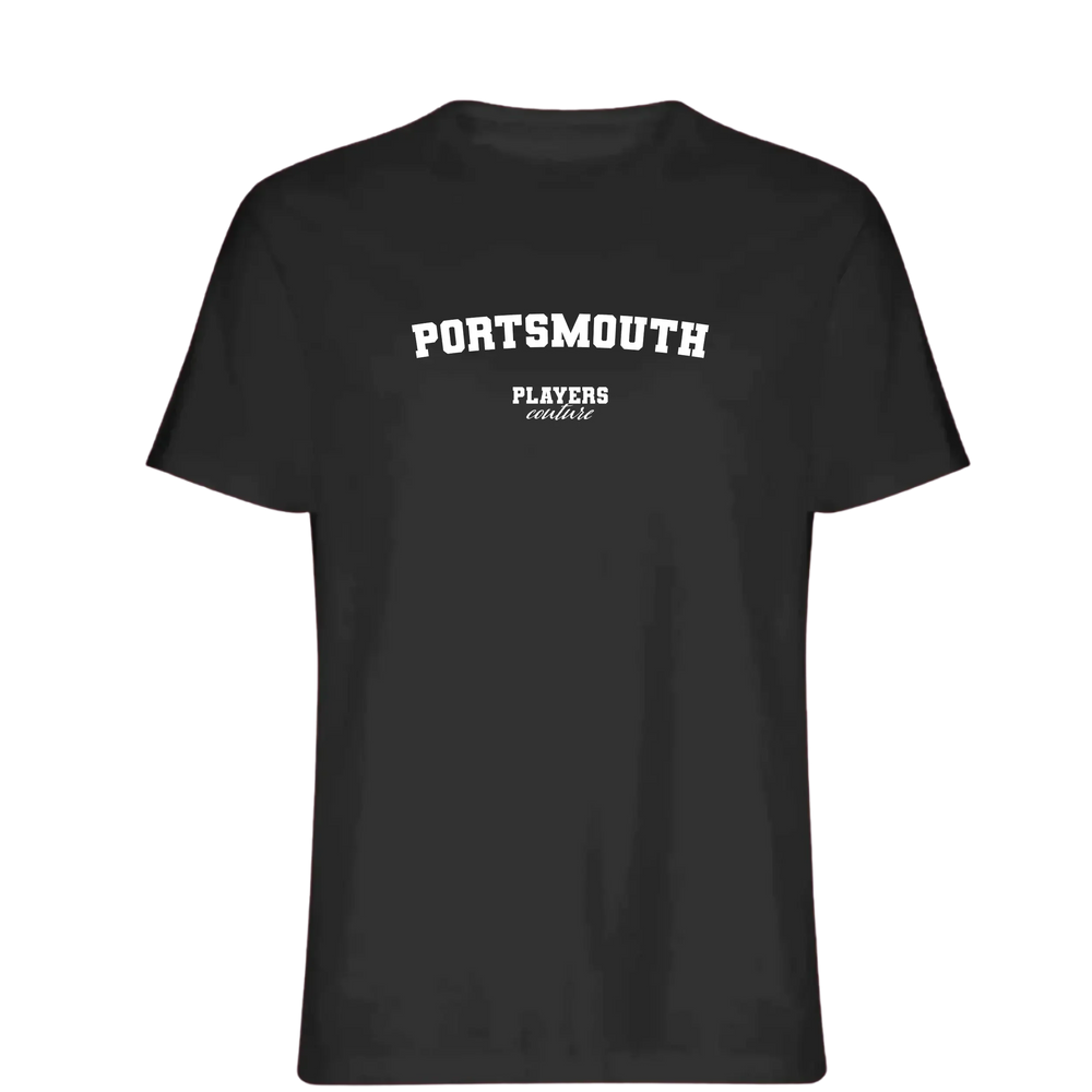 Portsmouth t-shirt – black men's t-shirt with white Portsmouth letters and Players Couture logo on the chest