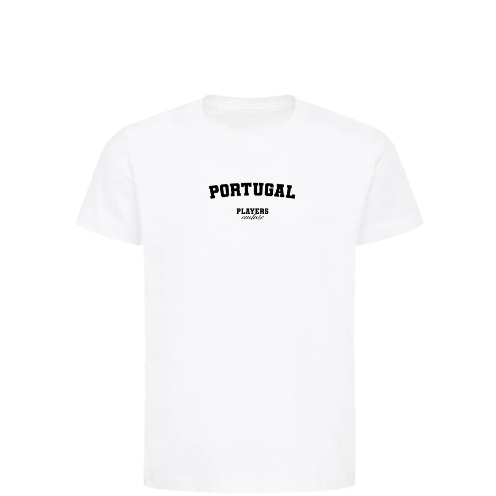 Portugal t-shirt – white kids' t-shirt with black Portugal letters and Players Couture logo on the chest