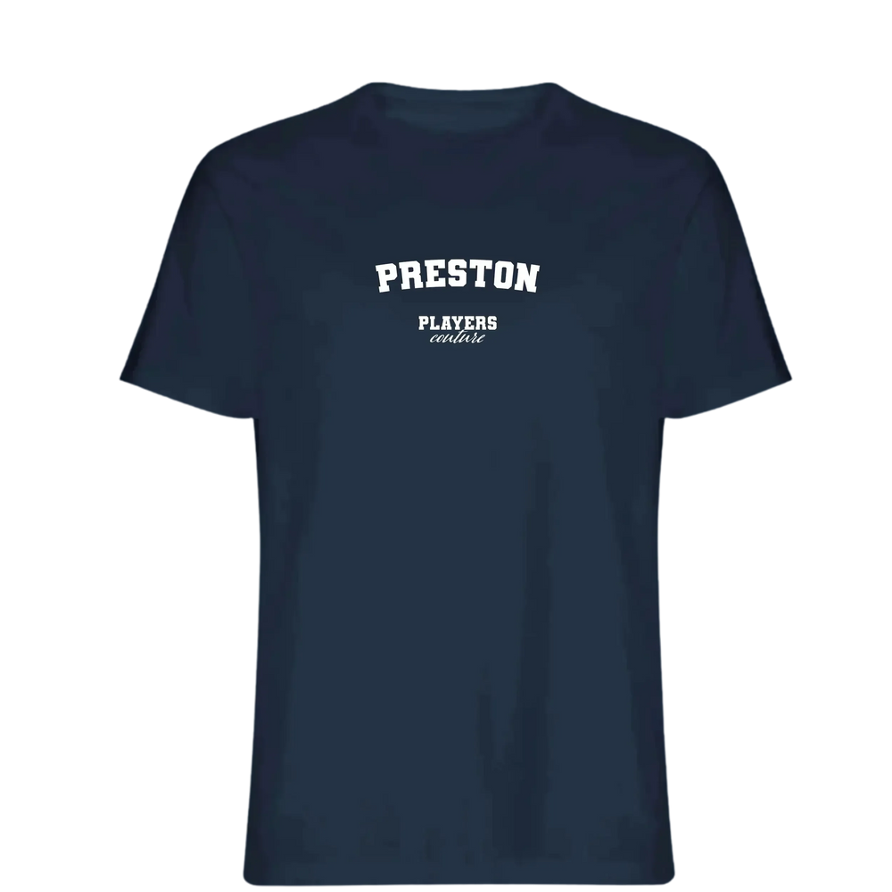 Preston t-shirt – navy men's t-shirt with white Preston letters and Players Couture logo on the chest