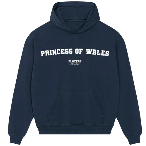 Princess of Wales hoodie – navy men's hoodie with white Princess of Wales letters and Players Couture logo on the chest