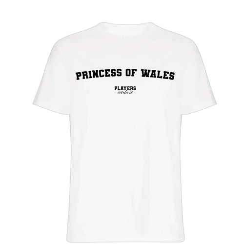 Princess of Wales t-shirt – white men's t-shirt with black Princess of Wales letters and Players Couture logo on the chest