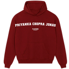 Priyanka Chopra Jonas hoodie – red men's hoodie with white Priyanka Chopra Jonas letters and Players Couture logo on the