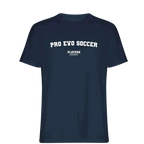 Pro Evo Soccer t-shirt – navy men's t-shirt with white Pro Evo Soccer letters and Players Couture logo on the chest