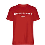 Queen Elizabeth II t-shirt – red men's t-shirt with white Queen Elizabeth II letters and Players Couture logo on the chest