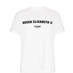 Queen Elizabeth II t-shirt – white men's t-shirt with black Queen Elizabeth II letters and Players Couture logo on the chest