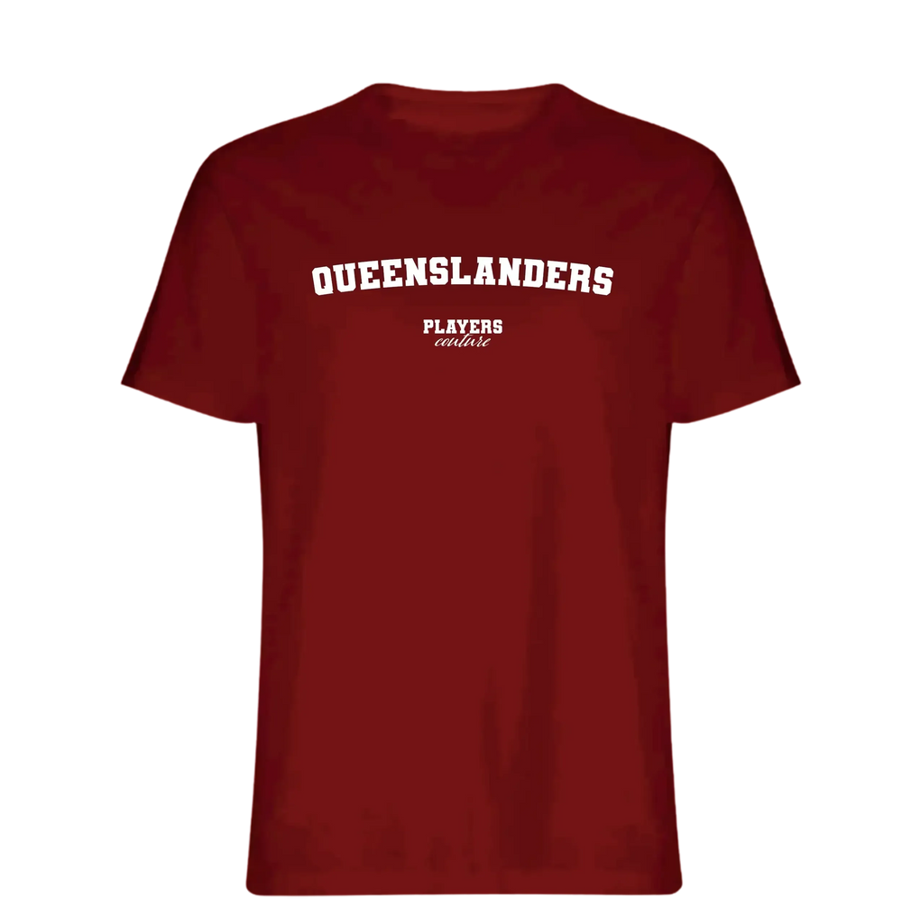 Queenslanders t-shirt – red men's t-shirt with white Queenslanders letters and Players Couture logo on the chest