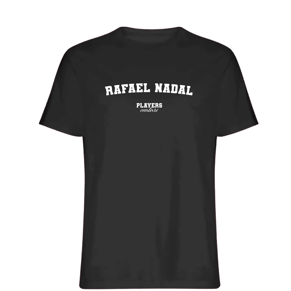 Rafael Nadal t-shirt – black men's t-shirt with white Rafael Nadal letters and Players Couture logo on the chest