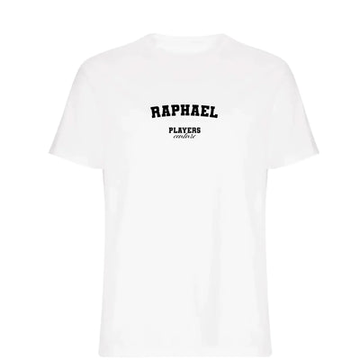 Raphael t-shirt – white men's t-shirt with black Raphael letters and Players Couture logo on the chest