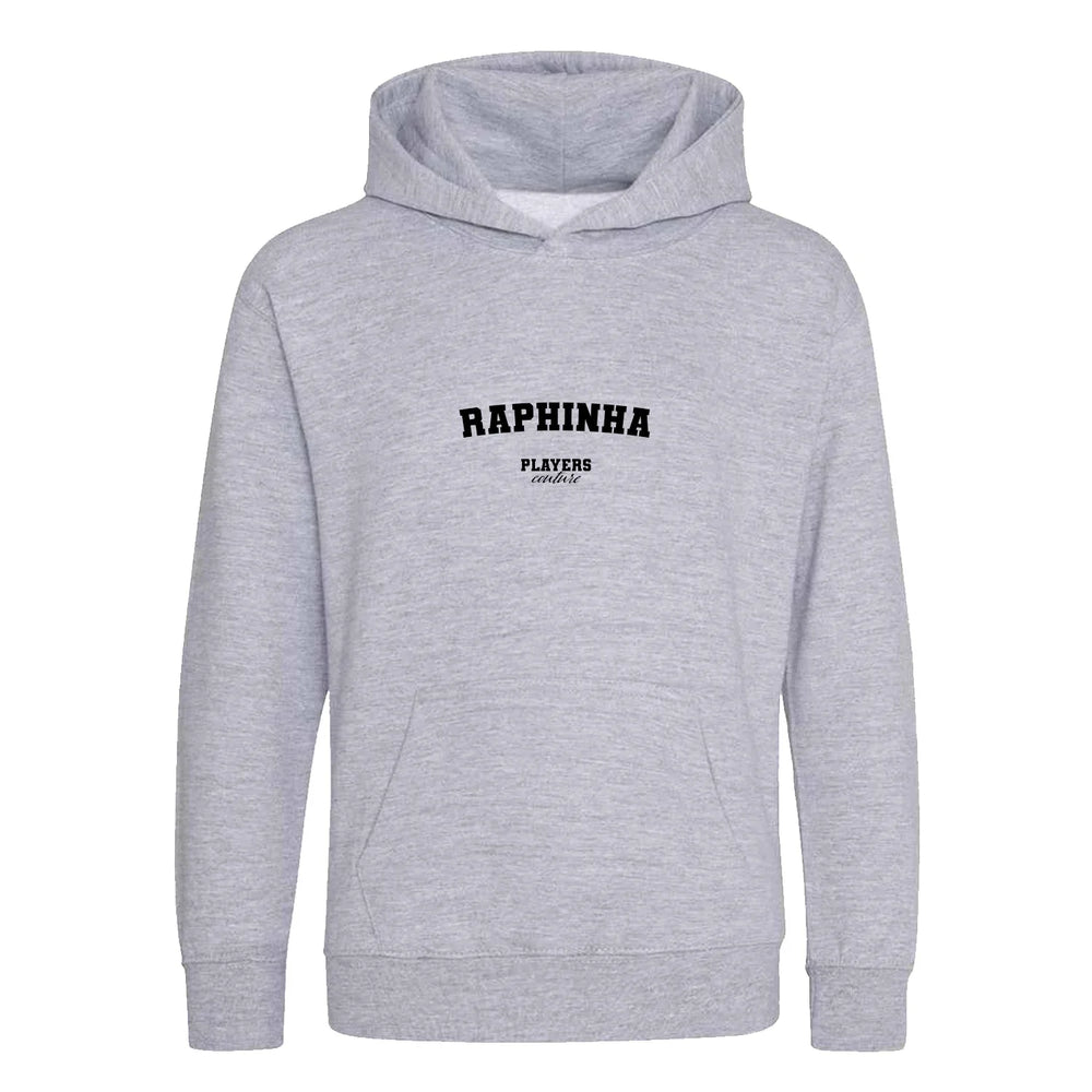 Raphinha hoodie – grey kids' hoodie with black Raphinha letters and Players Couture logo on the chest