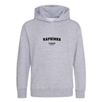 Raphinha hoodie – grey kids' hoodie with black Raphinha letters and Players Couture logo on the chest