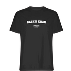 Rashid Khan t-shirt – black men's t-shirt with white Rashid Khan letters and Players Couture logo on the chest