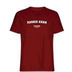 Rashid Khan t-shirt – red men's t-shirt with white Rashid Khan letters and Players Couture logo on the chest